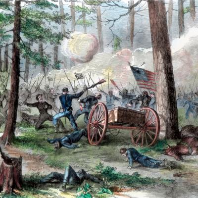 Civil War battle scene with soldiers fighting, fallen men, cannons, and American flags among trees.